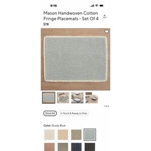 Pottery Barn Mason Hand Woven Cotton Dusty Blue Placemats Set Of 5 GWB5321